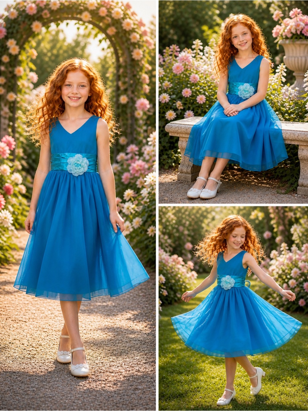 NWT - 8 - PINK PRINCESS - Girls Teal Blue V-Neck Tulle Flower Waist Dress